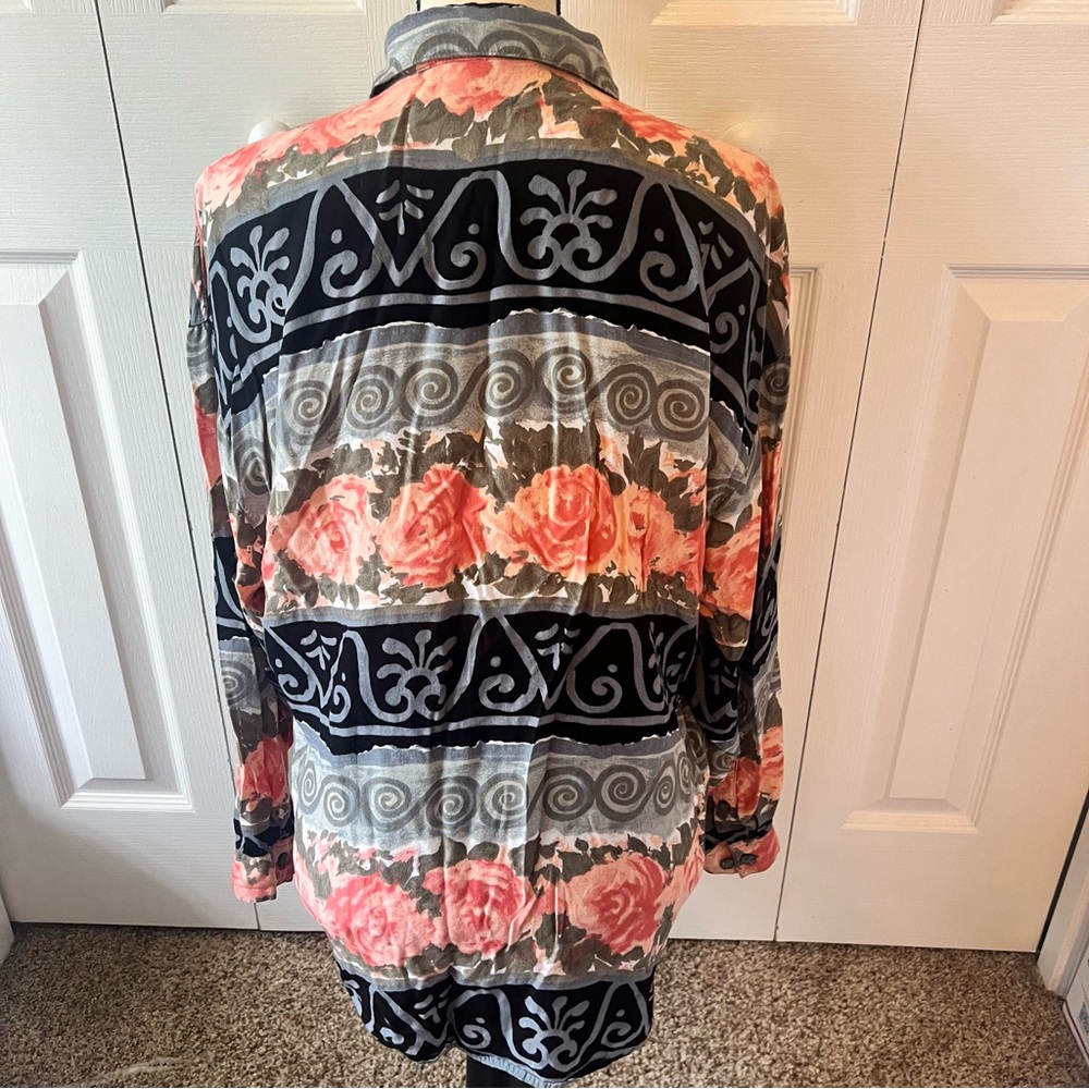 Vintage Krazy Kat Black and Pink Floral Button Down Shirt Size Large - Picture 6 of 12